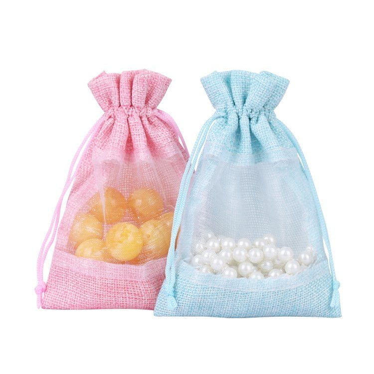 Pastel Linen-Textured & Sheer Window Drawstring Pouches