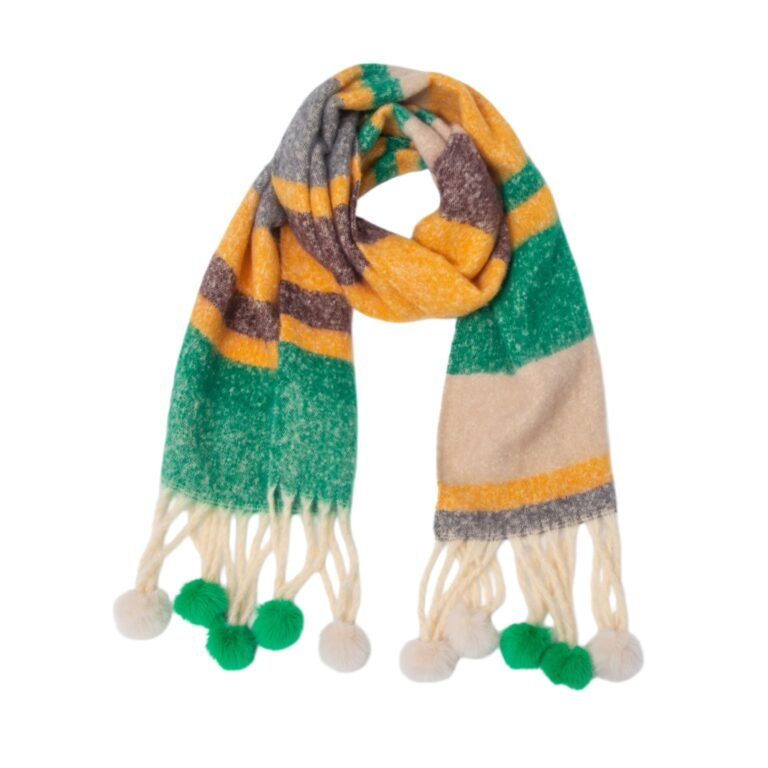 Retro Color-Block Striped Brushed Winter Scarf with Pom-Pom Fringes