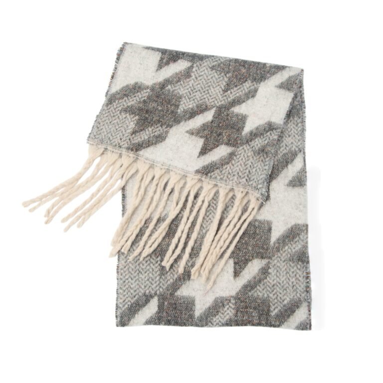 Oversized Classic Houndstooth Brushed Winter Scarf with Long Braided Fringes