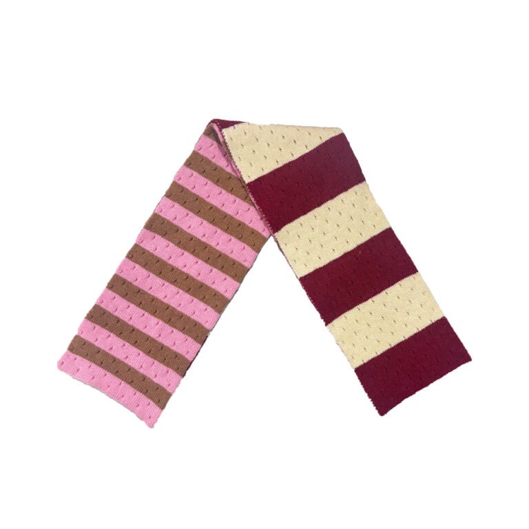 Retro Asymmetric Color-Block Striped Pointelle Knit Wool Blend Scarf