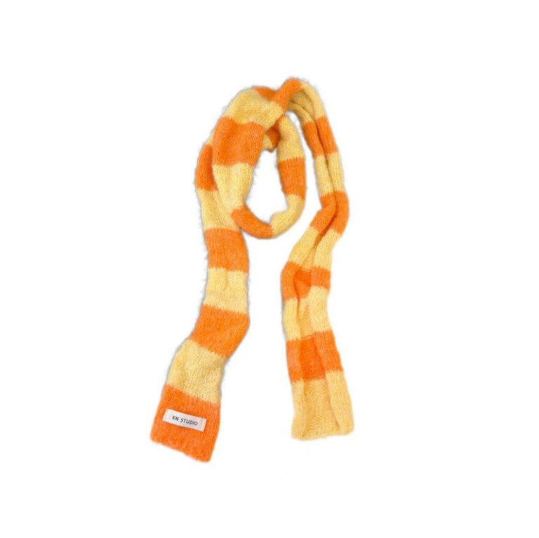 Long Narrow Orange and Yellow Striped Knit Winter Scarf with Logo Tag