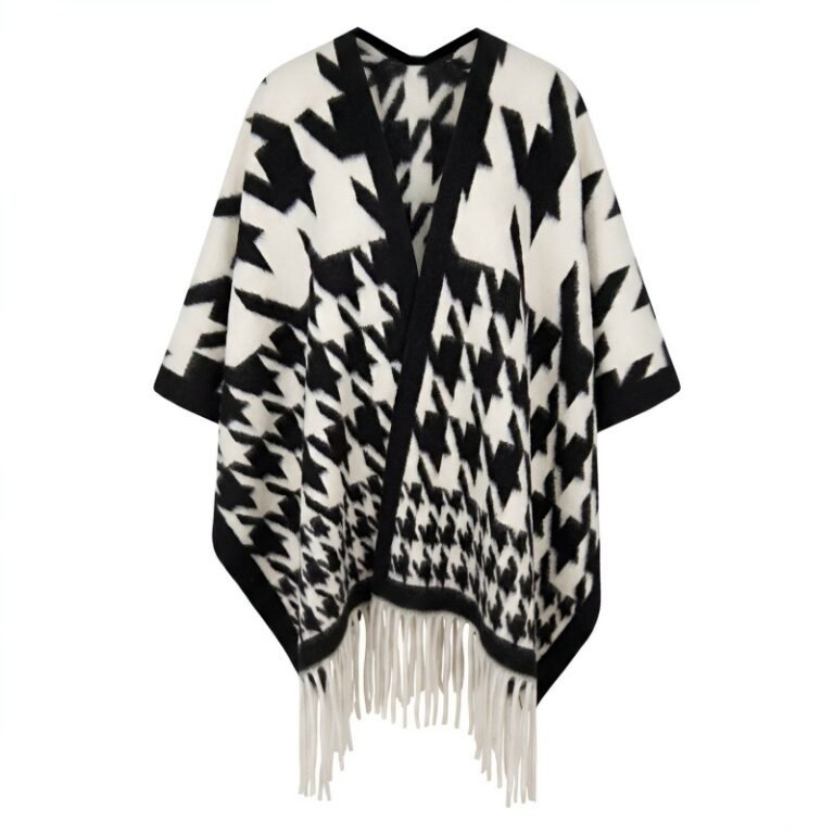 Oversized Black and White Houndstooth Cape Shawl with Fringed Hem
