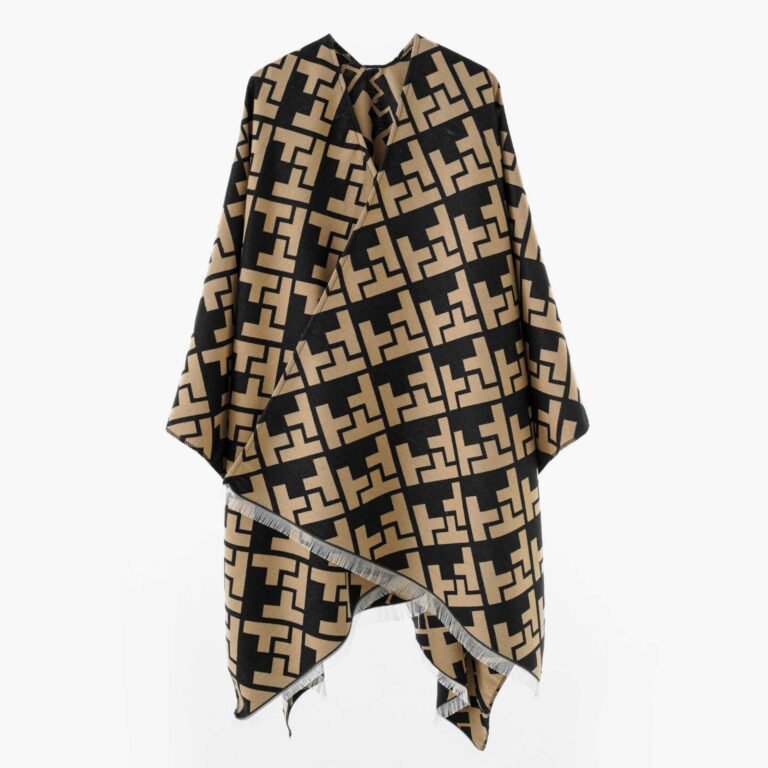 Geometric Monogram Print Oversized Cape Shawl with Fine Fringe