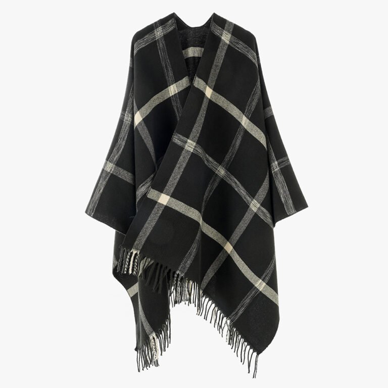 Oversized Black and White Windowpane Plaid Cape Shawl with Fringed Hem