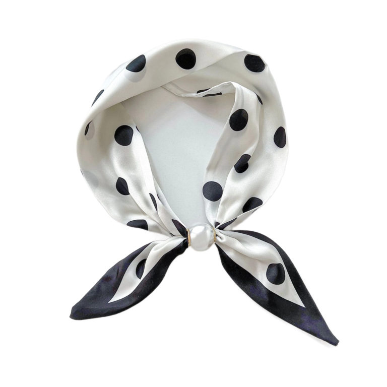 Classic Black and White Polka Dot Satin Neckerchief with Pearl Slide Ring
